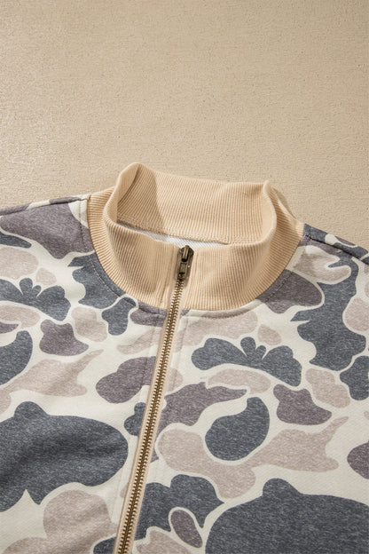 Camo Colorblock Trim Zip Up Bomber Sweatshirt
