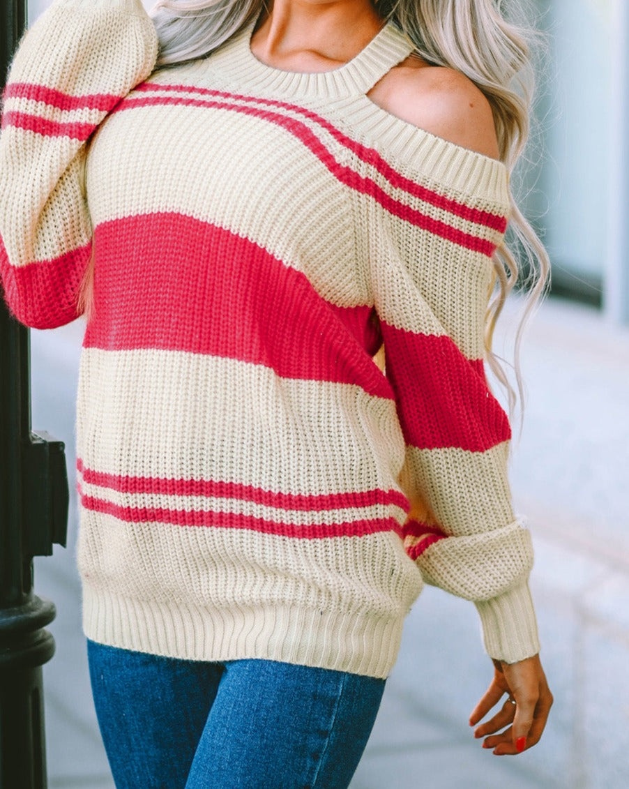 Stripe Cold Shoulder Sweater