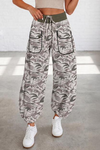Camo Drawstring Contrast Waistband Barrel Cargo Pants