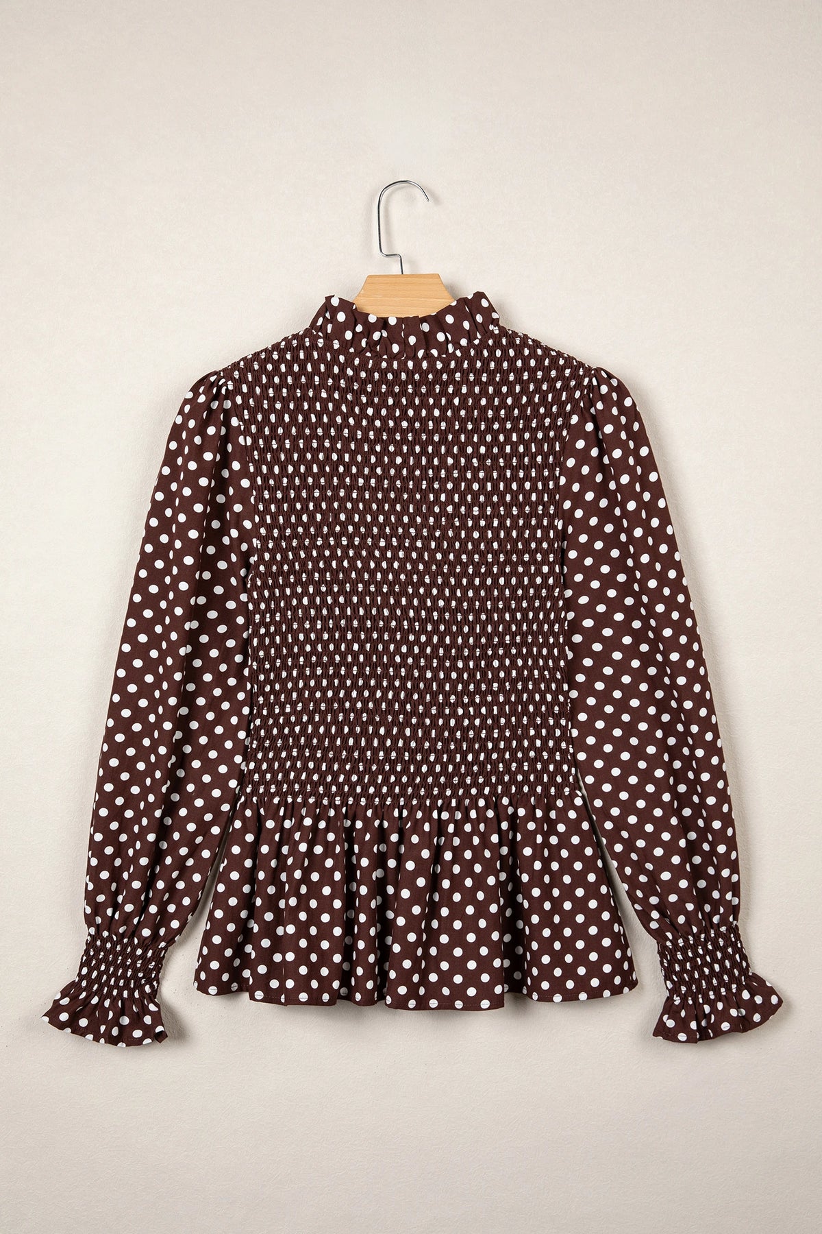 Polka Dot Shirred Ruffle Hem Long Sleeve Blouse