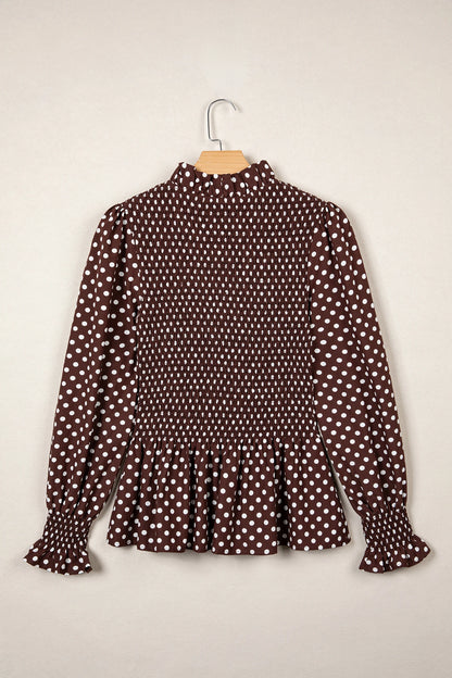 Polka Dot Shirred Ruffle Hem Long Sleeve Blouse