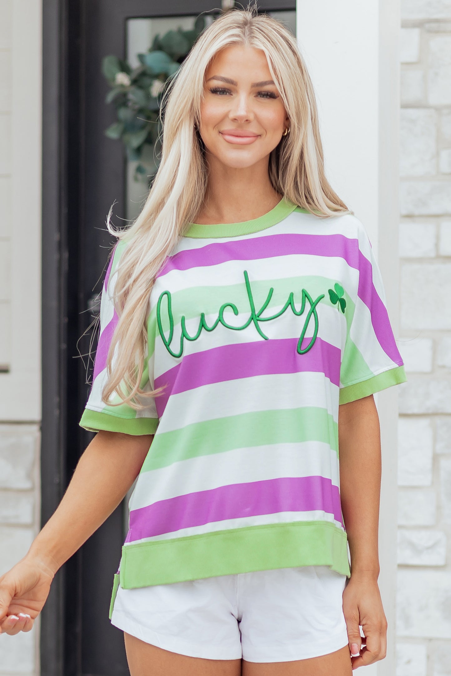 Stripe Lucky Clover Embroidered Dolman Sleeve Tee