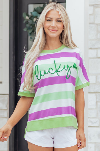 Stripe Lucky Clover Embroidered Dolman Sleeve Tee