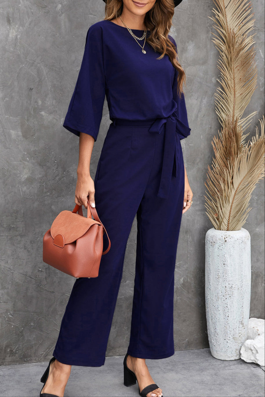 Solid 3/4 Sleeve Wide Leg Jumpsuit