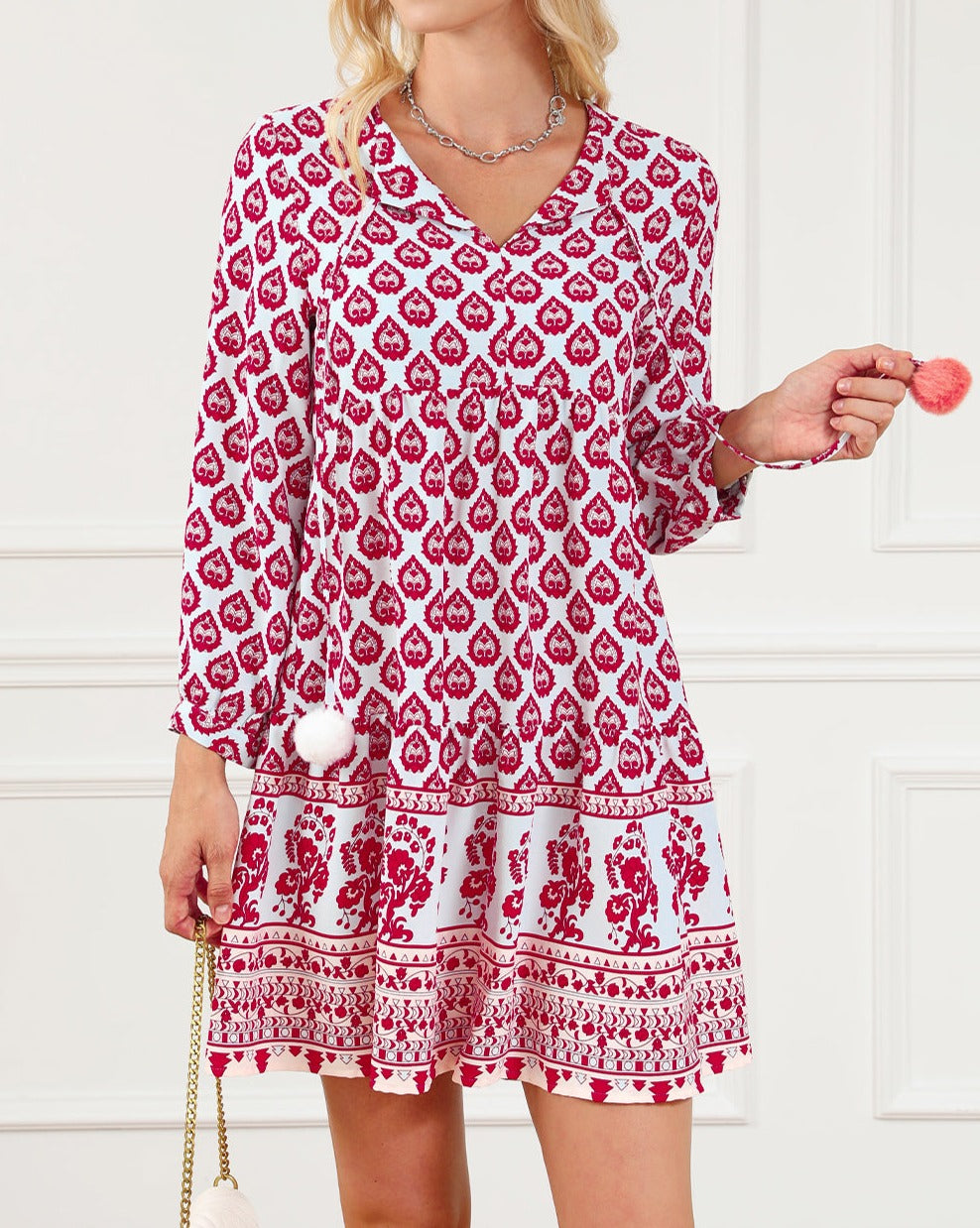 Boho Floral 3/4 Puff Sleeve Dress