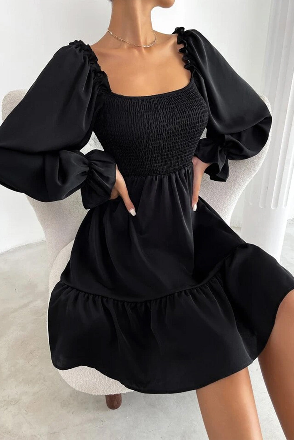 Smocked Ruffle Puff Sleeve Dress