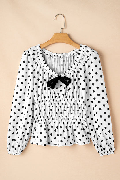 Polka Dot Bow Square Neck Puff Sleeve Top
