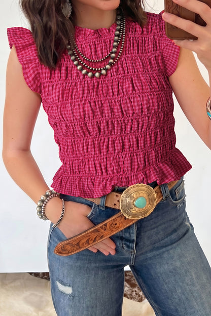 Gingham Plaid Shirred Ruffle Trim Tank Top
