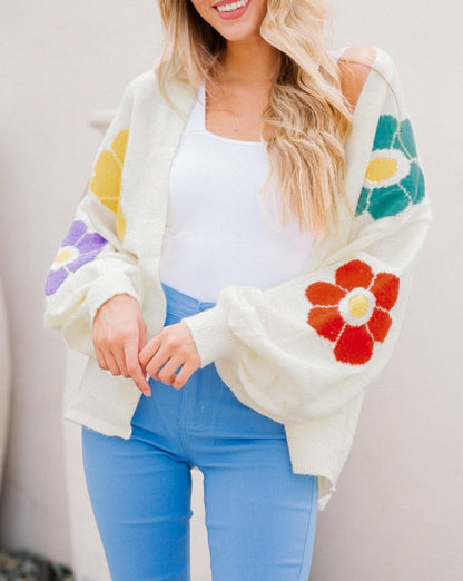 Floral Jacquard Bubble Sleeve Cardigan