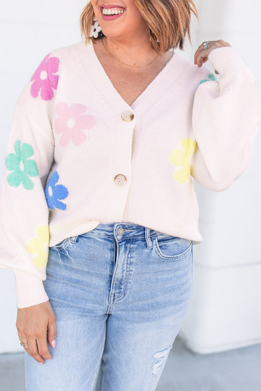 Floral V-Neck Buttoned Cardigan Plus Size