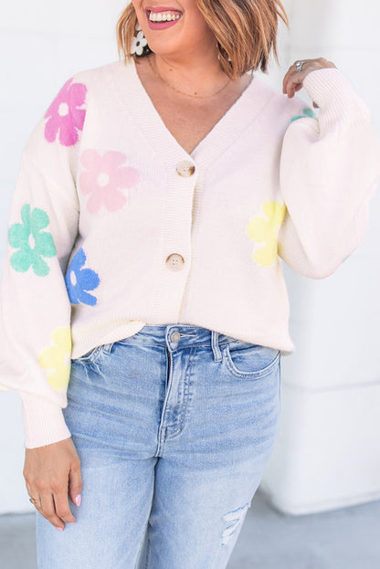 Floral V-Neck Buttoned Cardigan Plus Size