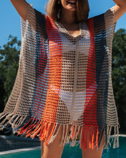 Stripe Crochet Tasseled Beach Cover Up