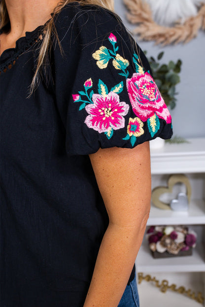 Floral Embroidered Bubble Sleeve Top