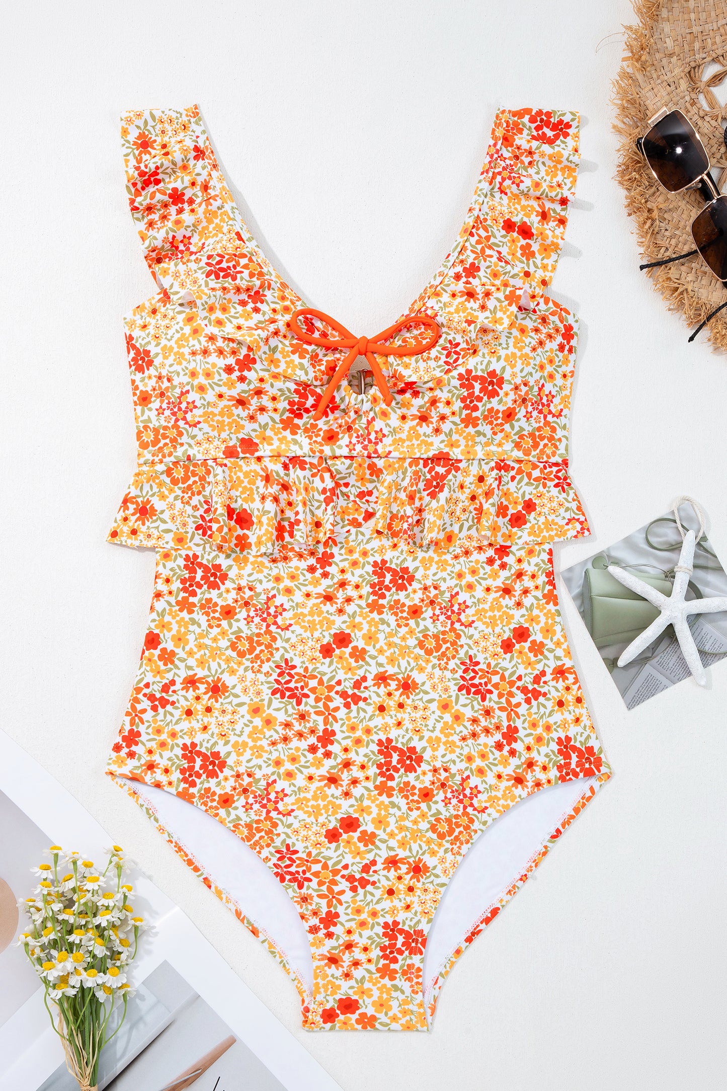 Floral Ruffle Trim Keyhole One-Piece Swimsuit