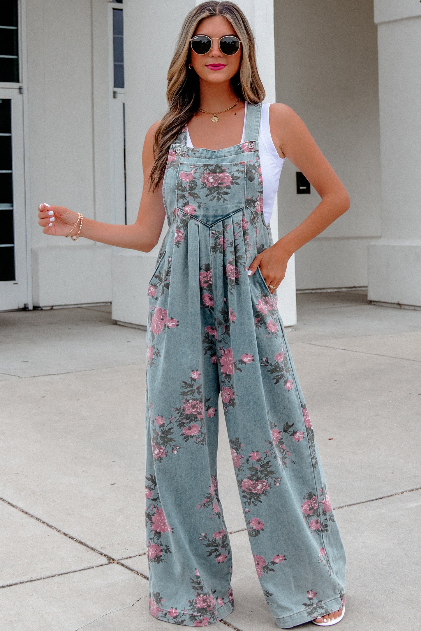 Floral Pleated High Waist Wide Leg Jumpsuit