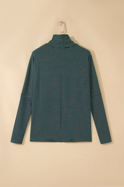 Stripe High Neck Drop Shoulder Long Sleeve Top