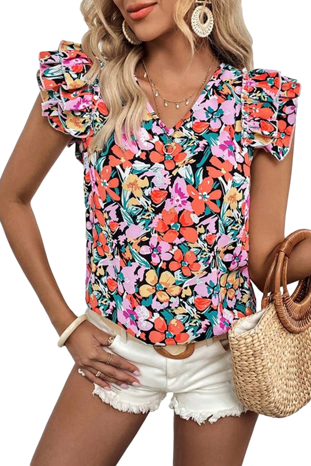 Floral Tiered Ruffle Sleeve Blouse