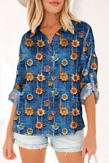 Floral Patchwork Long Sleeve Collared V-Neck Blouse