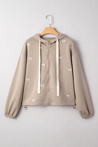 Bow Embroidered Zip-Up Hoodie