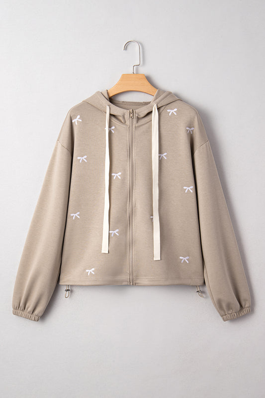 Bow Embroidered Zip-Up Hoodie