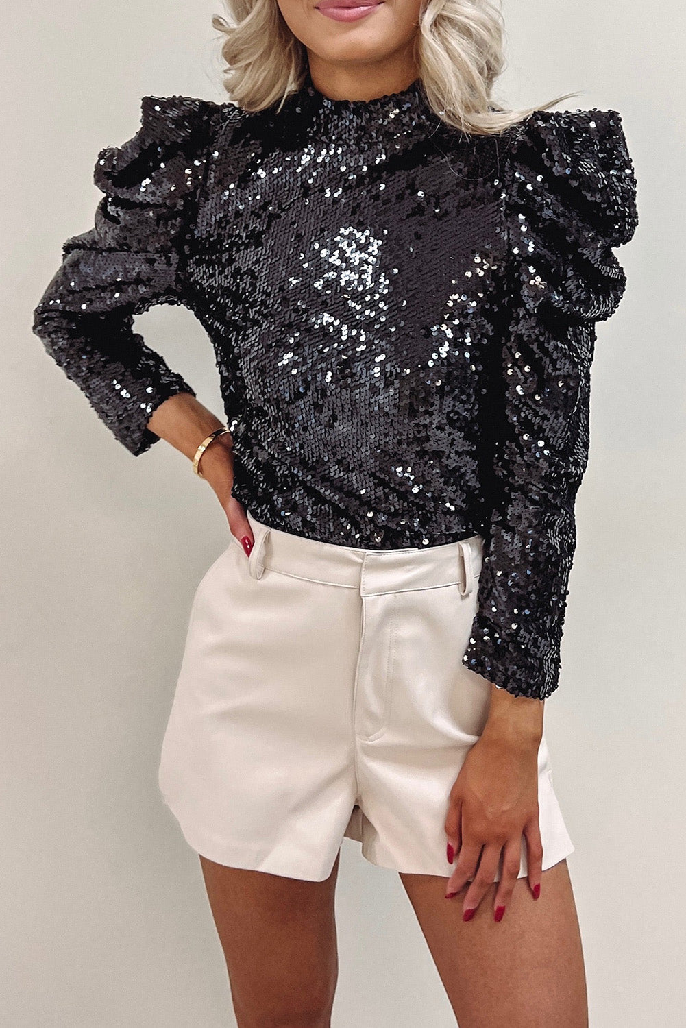 Sequin Ruched Puff Sleeve Top