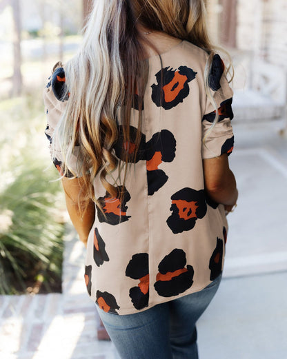 Leopard Ruched Short Sleeve Blouse