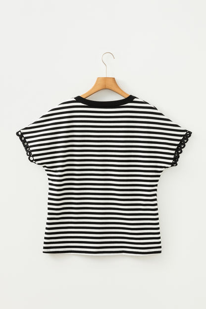 Stripe V-Neck Lace Trim Short Sleeve Tee