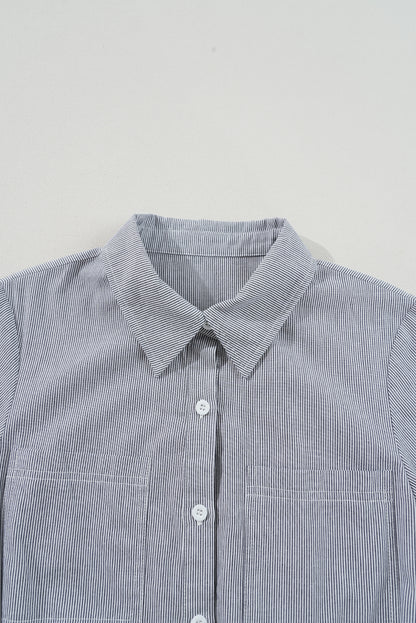 Stripe Chest Pockets Buttoned Collar Belted Romper