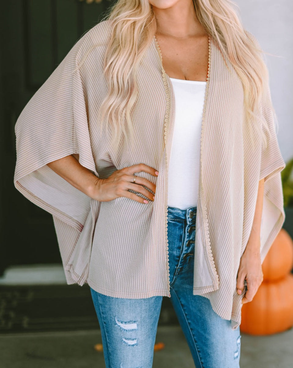 Ribbed Lace Trim Oversized Kimono