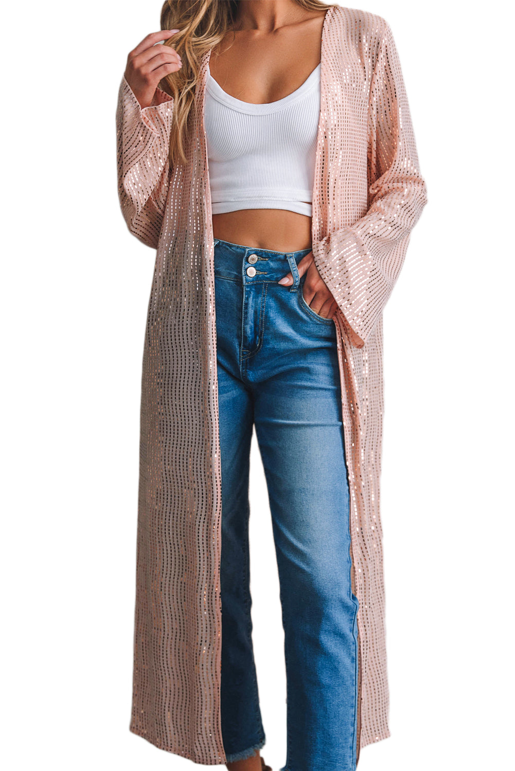 Sequin Open Front Long Kimono