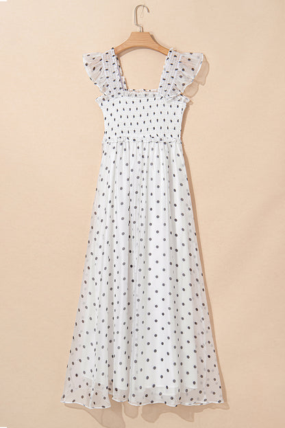 Polka Dot Flutter Sleeve Smocked Maxi Dress