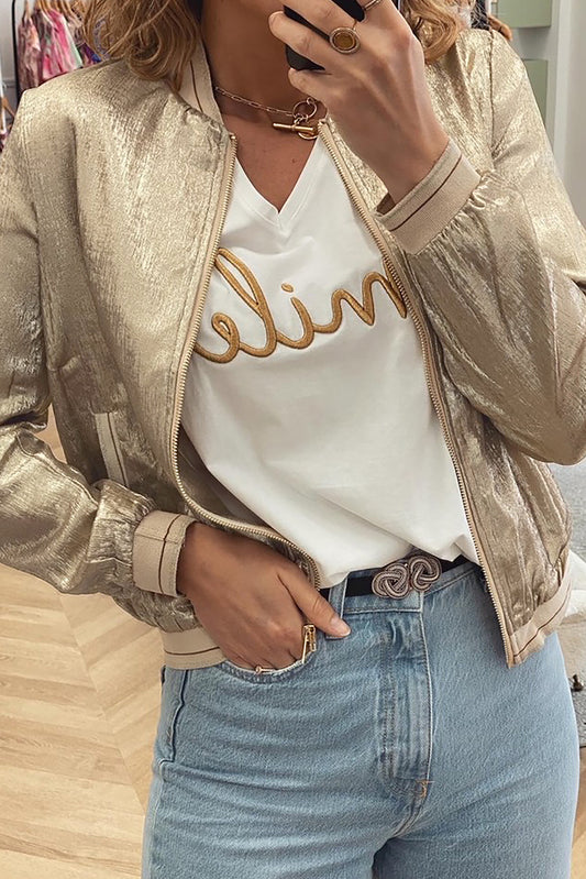 Metallic Zip-Up Baseball Collar Jacket