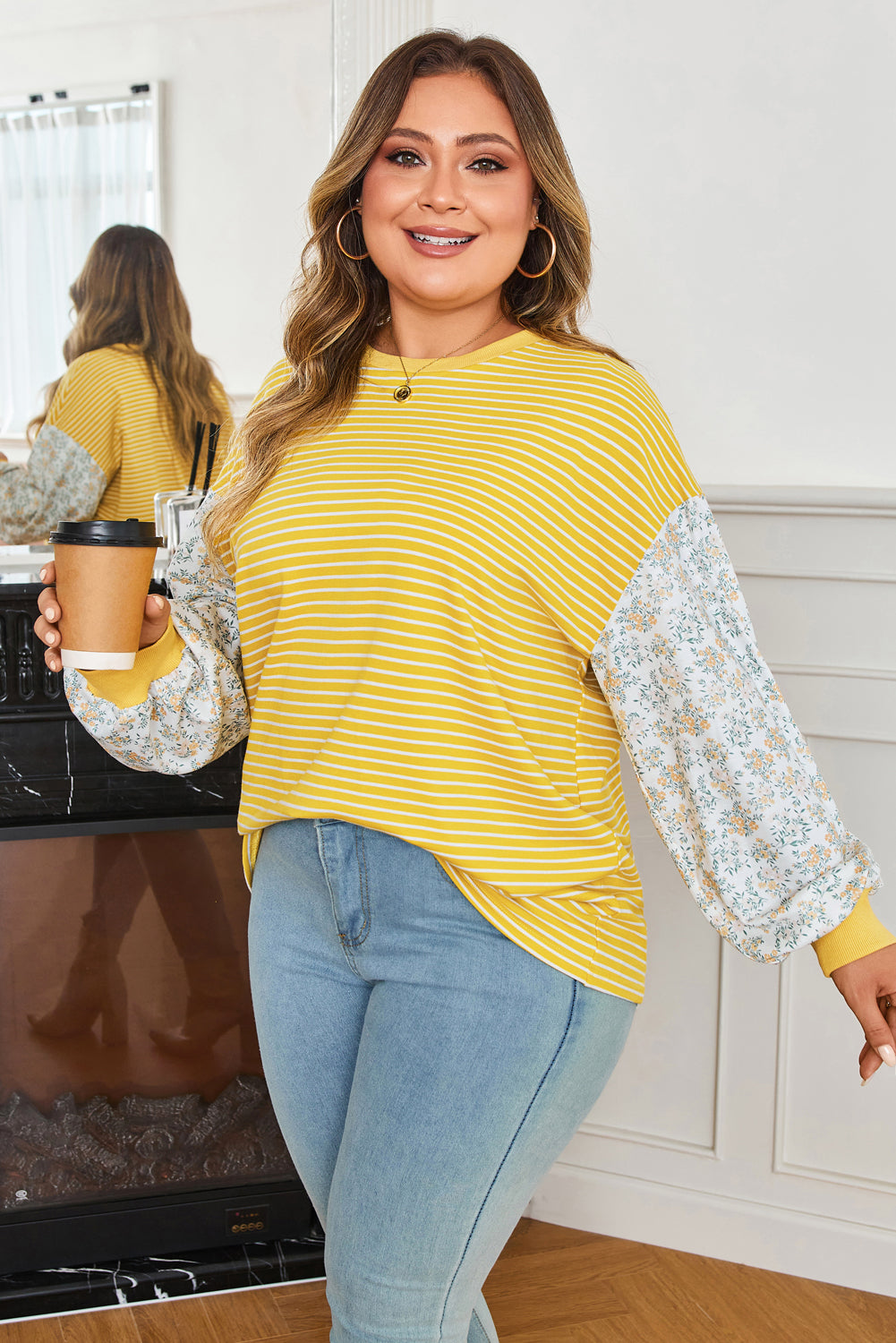 Plus Size Stripe Floral Patchwork Long Sleeve Top
