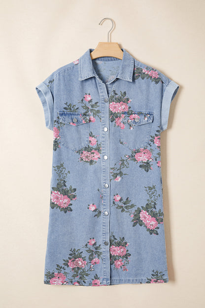 Floral Denim Cuffed Short Sleeve Buttoned Dress