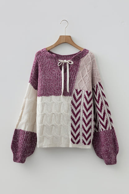 Colorblock Cable Knit Patchwork Tied Back Sweater