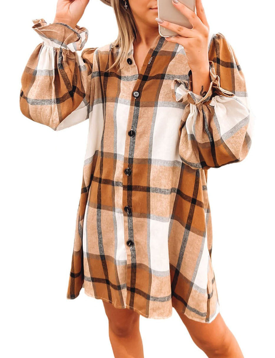 Plaid Puff Sleeve Shirt Dress