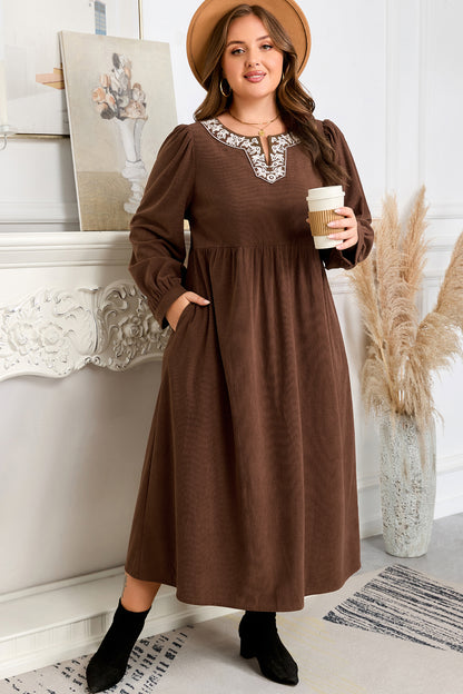 Plus Size Textured Corduroy Embroidered Neckline Midi Dress