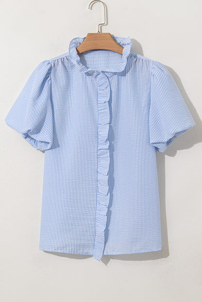 Stripe Ruffle Short Bubble Sleeve Loose Fit Shirt