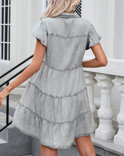 Mineral Washed Chambray Tiered Dress