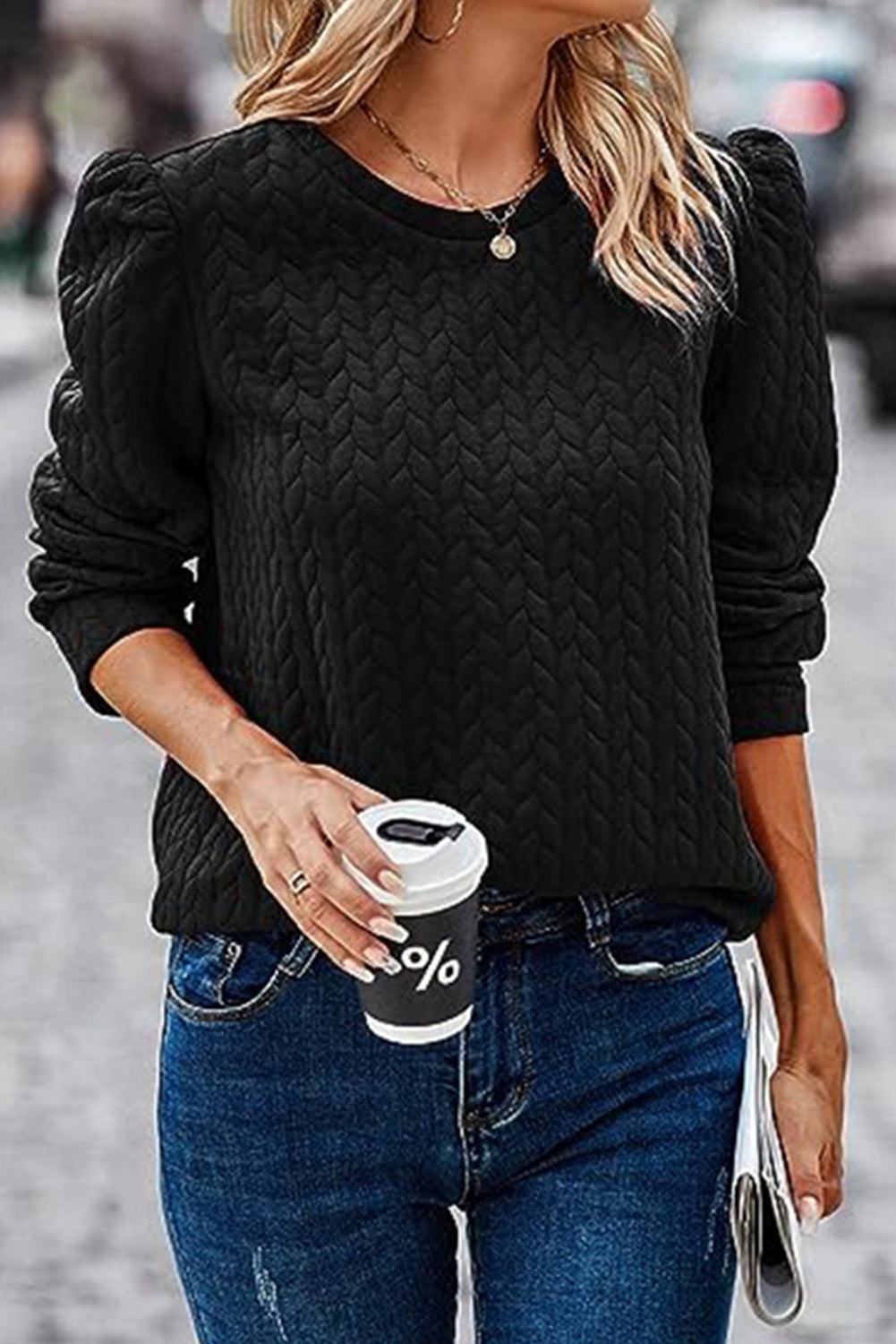 Cable Textured Puff Sleeve Sweatshirt