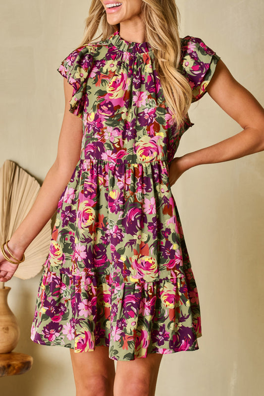 Floral Ruched Flutter Sleeve Dress