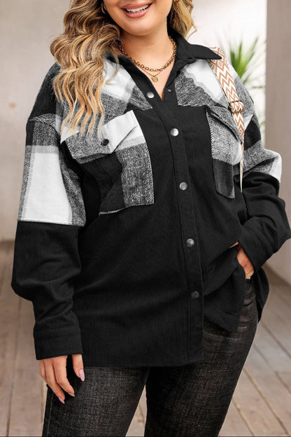 Plus Size Plaid Patchwork Corduroy Shacket