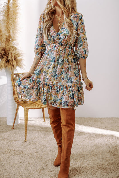 Floral Ruffle 3/4 Sleeve V-Neck Dress