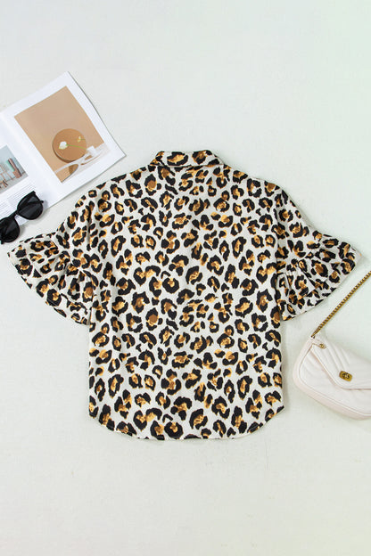 Leopard Ruffle Trim 3/4 Sleeve Buttoned Shirt