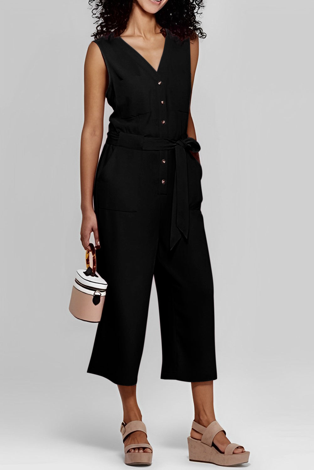 Button-Up Sleeveless Belted Jumpsuit