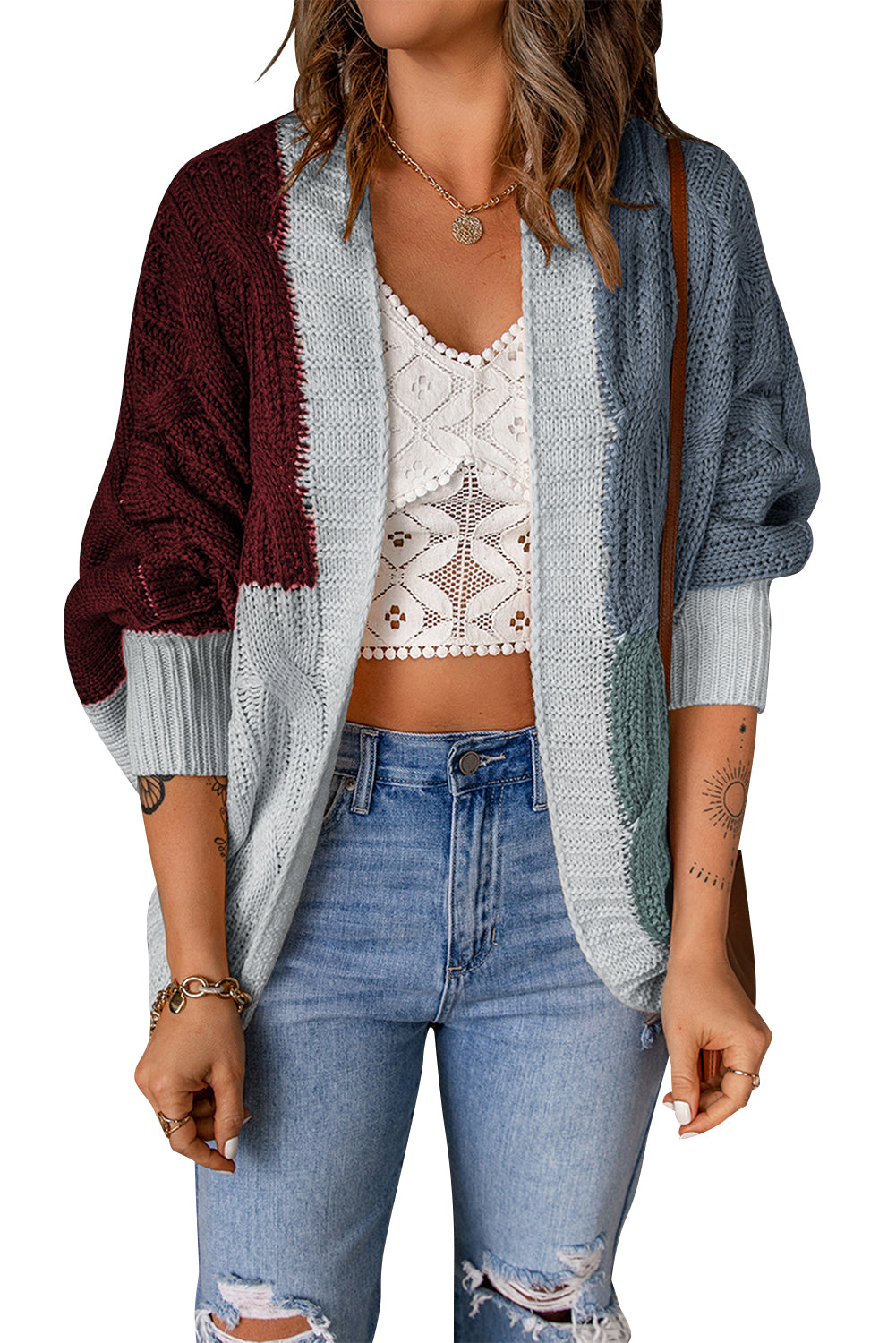 Colorblock Cable Knit Open Front Cardigan