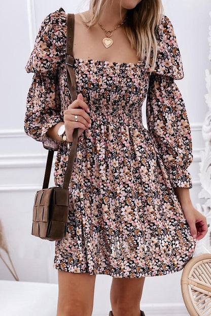 Floral Puff Sleeve Pleated Dress