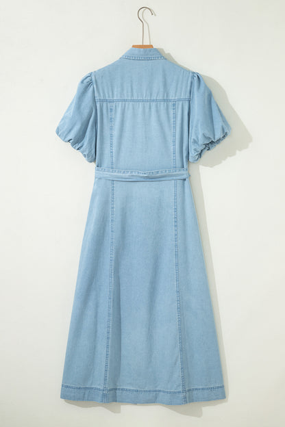 Solid Denim Collared Bubble Sleeve Buttoned Midi Dress