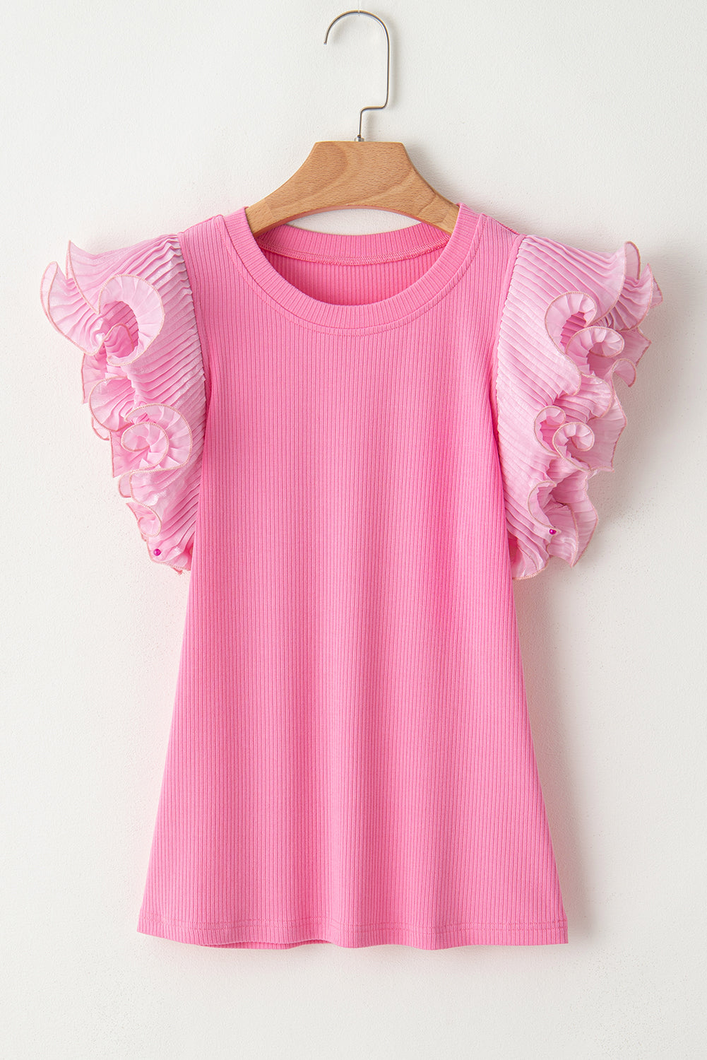 Ruffle Pleated Ribbed Knit T-Shirt