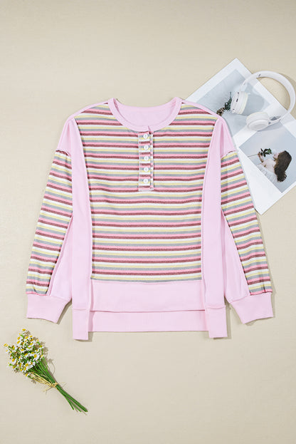 Stripe Patchwork Reverse Seam Henley Sweatshirt